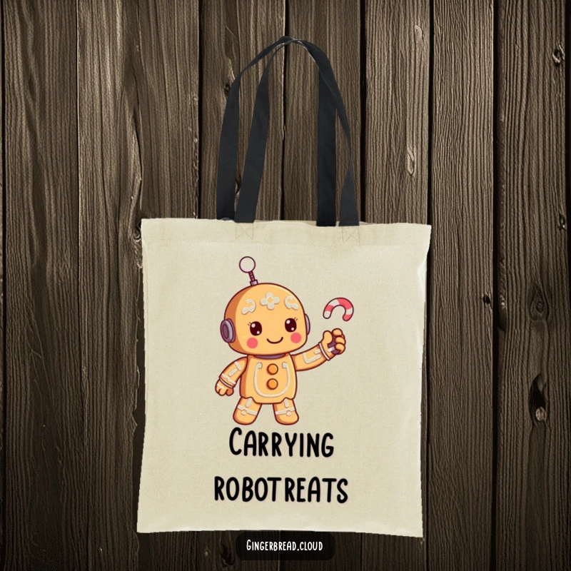Funny gingerbread robot tote bag, practical and humorous accessory for carrying tech and treats.