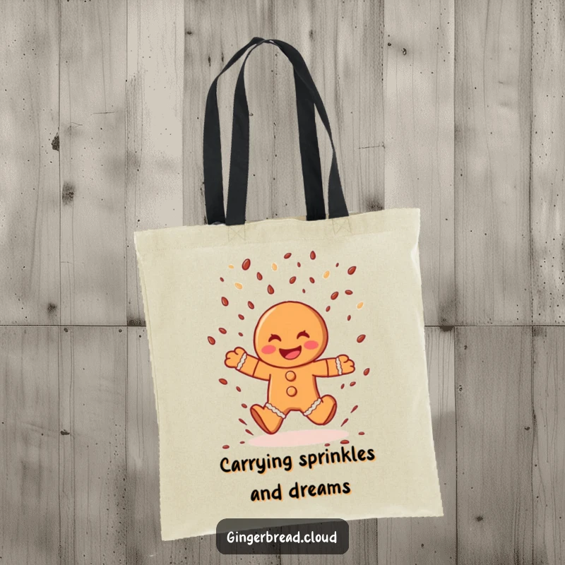 Funny gingerbread man tote bag, a cheerful character leaping through chocolate sprinkles, practical and humorous accessory.