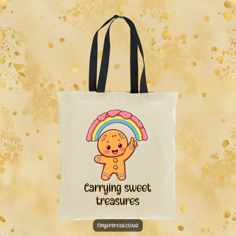 Excited gingerbread character pointing at an icing rainbow, showcased on a tote bag for vibrant and functional carrying.