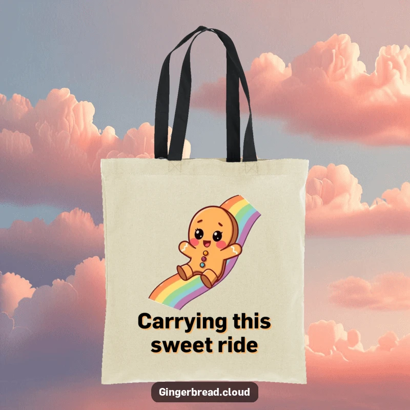 Funny tote bag with a gingerbread cookie sliding down a rainbow, embodying festive surprise and whimsical travel.