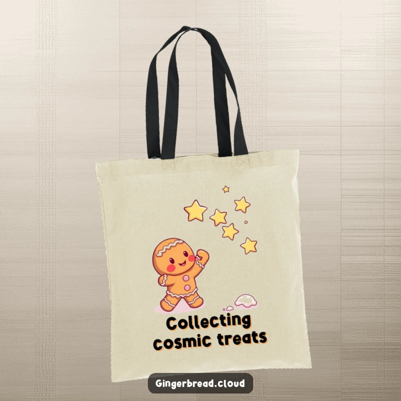 Funny gingerbread character attempting to catch falling sugar stars, whimsical tote bag, magical and sweet accessory.