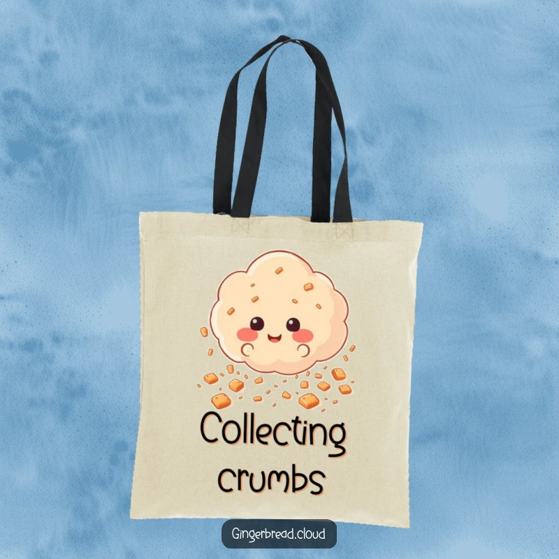 Funny Tote Bag illustrated with a cloud scattering happy gingerbread cookie crumbs like rain, a whimsical and humorous accessory for daily use.