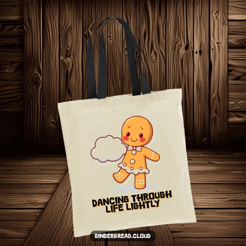 Happy gingerbread character dancing with a cloud partner, showcased on a tote bag for stylish and joyful carrying.