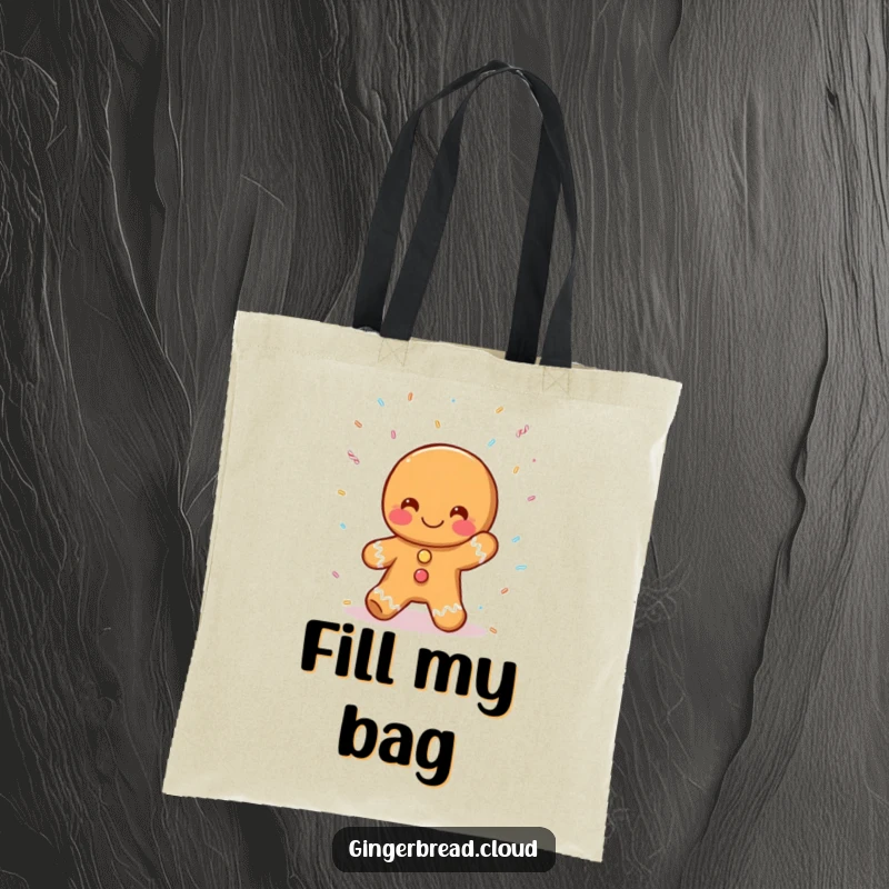 Funny gingerbread person tote bag, catching falling sprinkles, stylish and sweet accessory, perfect funny gift for cookie enthusiasts.