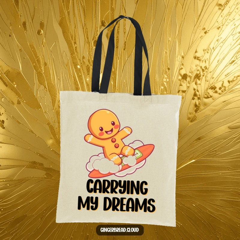 Funny gingerbread man character surfing on a cloud, depicted on a durable tote bag for shopping or travel.