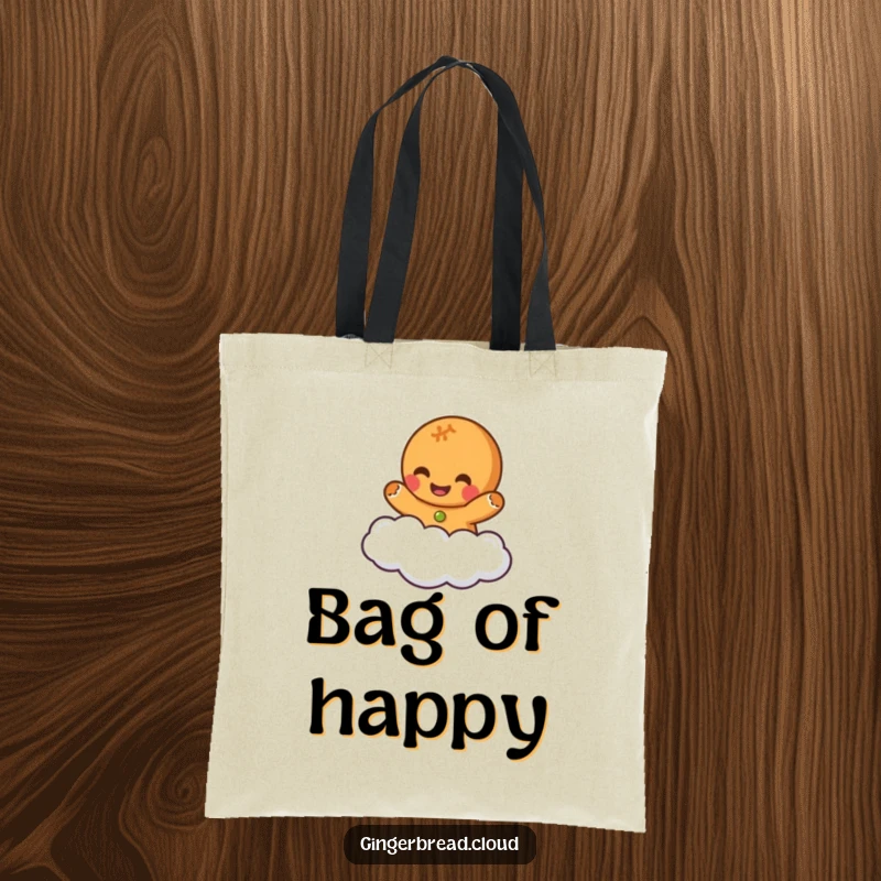 Funny tote bag illustration of a gingerbread character giggling uncontrollably while floating on a cloud, perfect for carrying daily items.