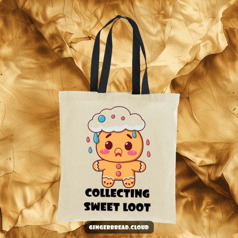 Funny gingerbread tote bag featuring a surprised character watching a cloud rain candy, perfect for daily use.