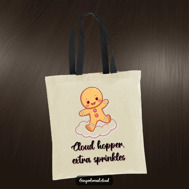Funny tote bag with a cheerful gingerbread person skipping happily on a soft cloud, ideal for carrying essentials with a smile.