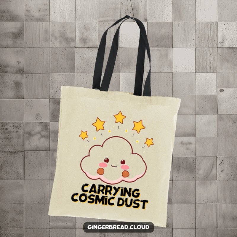 Funny Tote Bag with a cute gingerbread cloud face blowing a stream of happy, twinkling stars. Practical and humorous.