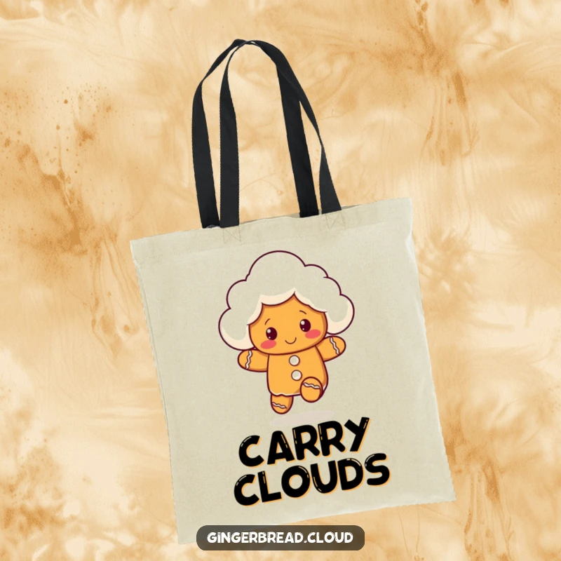 Funny tote bag featuring a gingerbread cloud character in a playful bouncing pose, great for everyday use.