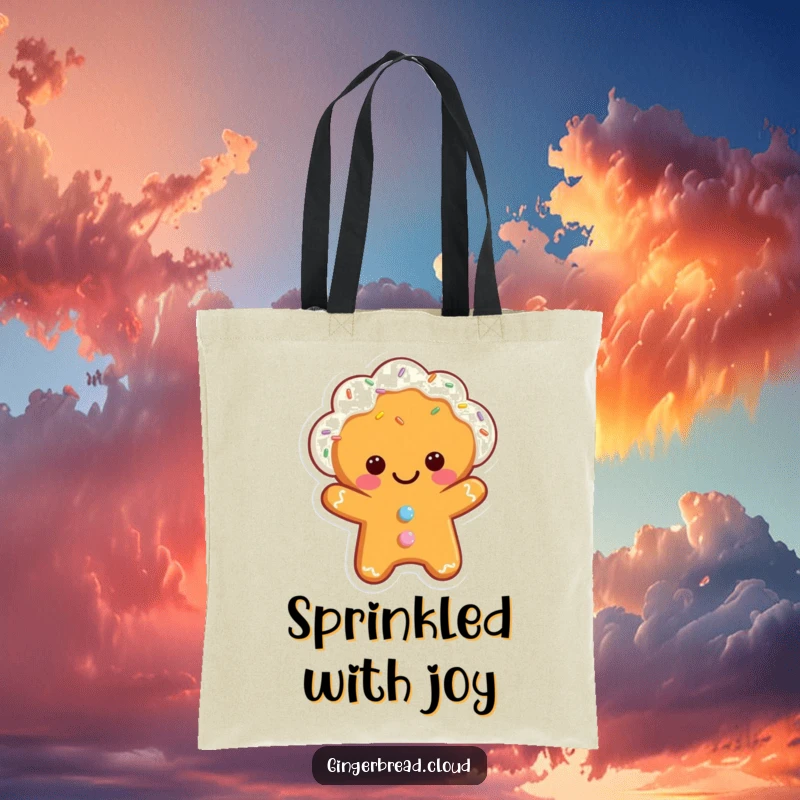 Funny tote bag featuring a smiling gingerbread cloud character, perfect for carrying groceries with a sprinkle of joy.