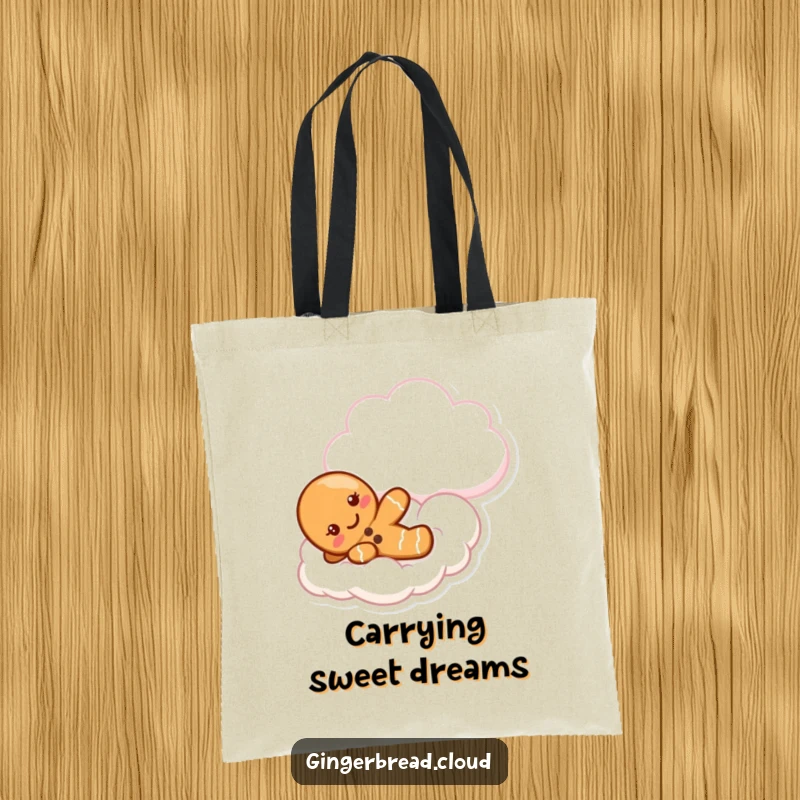 Funny gingerbread tote bag featuring a cute character sliding joyfully down a fluffy cloud, perfect for daily use.