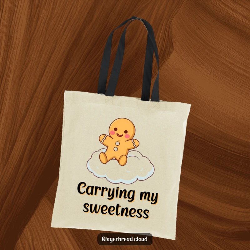Funny gingerbread man tote bag featuring a happy gingerbread cookie character floating serenely on a fluffy cloud.