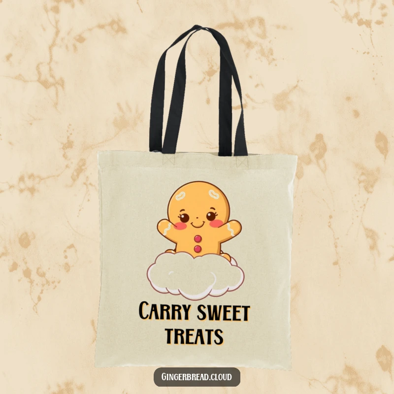Funny smiling gingerbread cookie leaping from a cloud on a durable tote bag. Ideal for carrying holiday essentials.