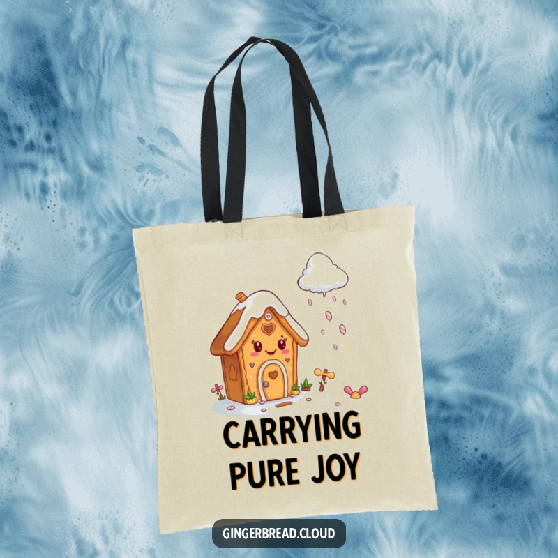Funny tote bag featuring a smiling gingerbread house with icing, watching a cloud pour down delightful candy.