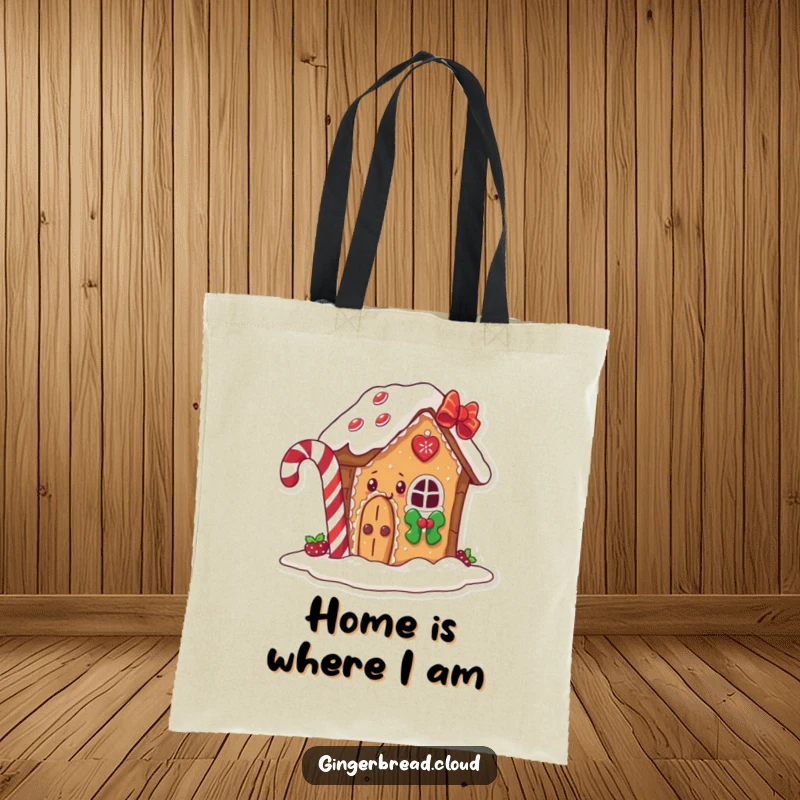 Funny gingerbread house tote bag, a character peeking from behind a candy cane, practical and whimsical accessory.