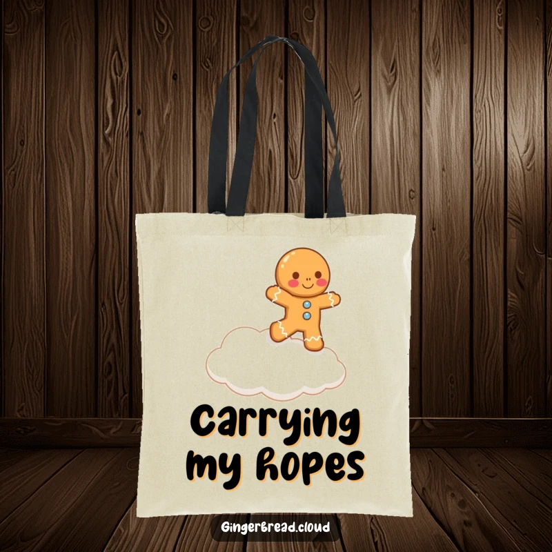 Funny lopsided gingerbread man hilariously attempts to ascend to a cloud, making it a humorous and whimsical tote bag.