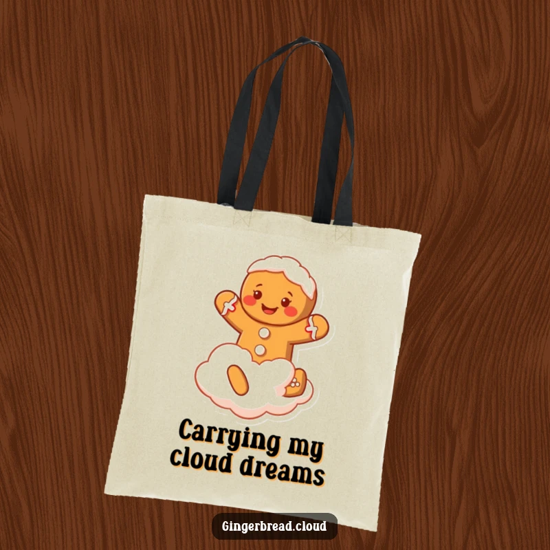Funny Gingerbread Man Tote Bag: A smiling gingerbread character jumps on a cloud, making this a festive and funny tote.