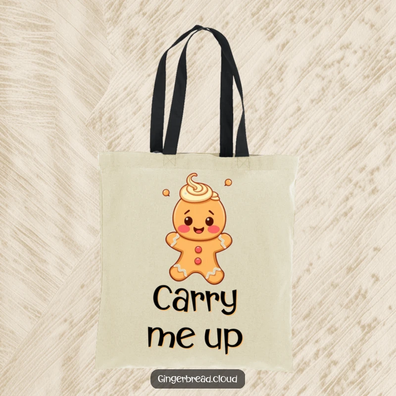Funny tote bag with a happy gingerbread person with icing swirls, floating upwards, perfect for carrying daily items.