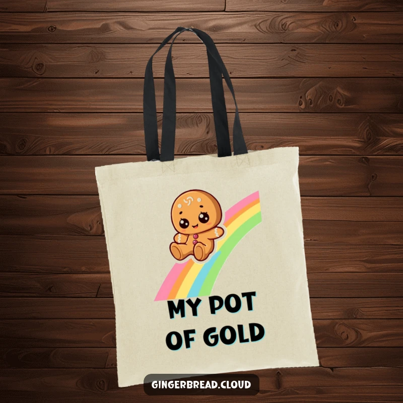 Funny tote bag displaying a cheerful gingerbread character with big eyes, sliding down a rainbow, ready to carry your items.