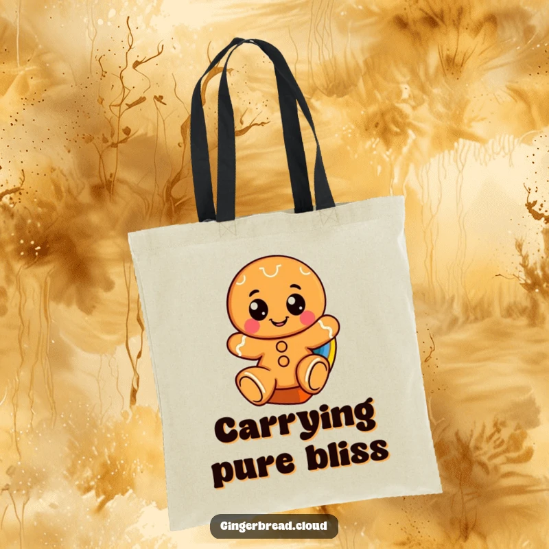 Funny tote bag featuring a cheerful gingerbread character with big eyes, sliding down a vibrant rainbow.