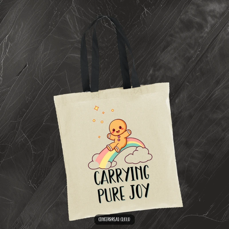 Funny gingerbread cookie tote bag featuring a gingerbread cookie character joyfully sliding down a colorful rainbow.