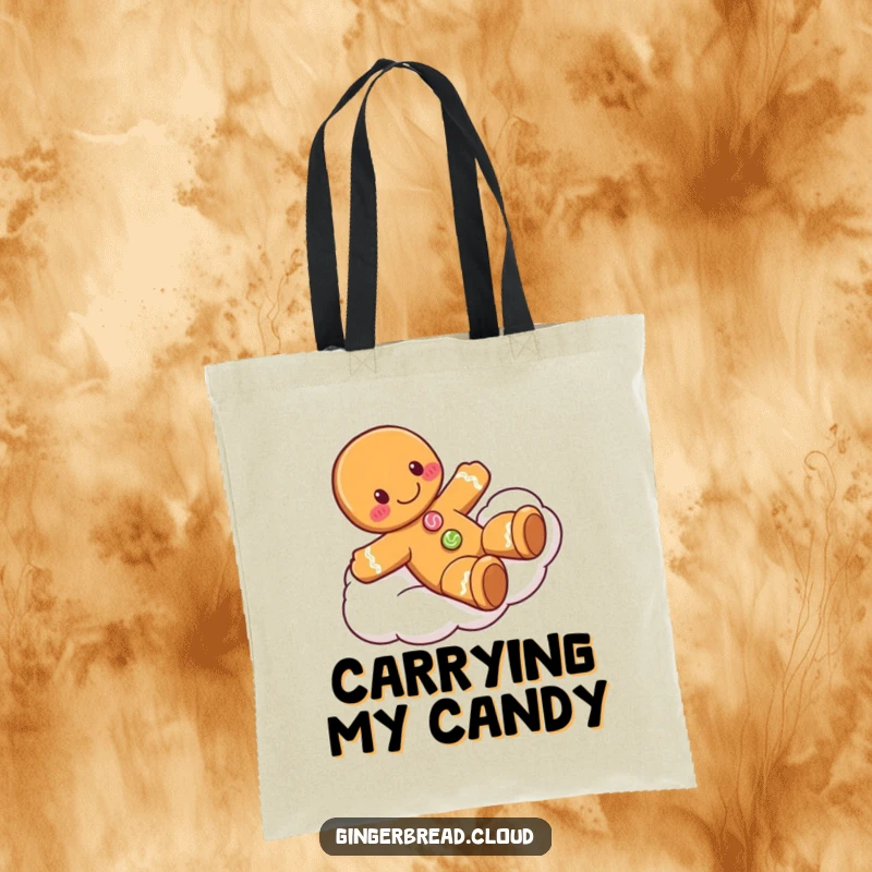 Funny gingerbread man tote bag with a smiling character and candy buttons sliding down a cloud, perfect for carrying happiness.