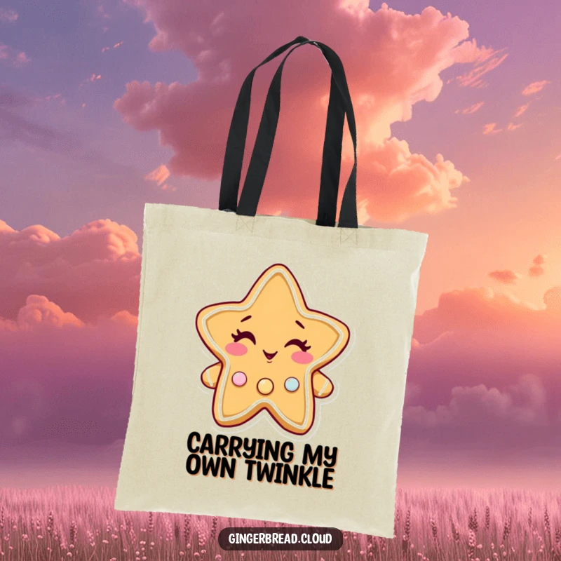 Funny gingerbread star tote bag, a winking character with twinkling candy buttons, practical and charming accessory.