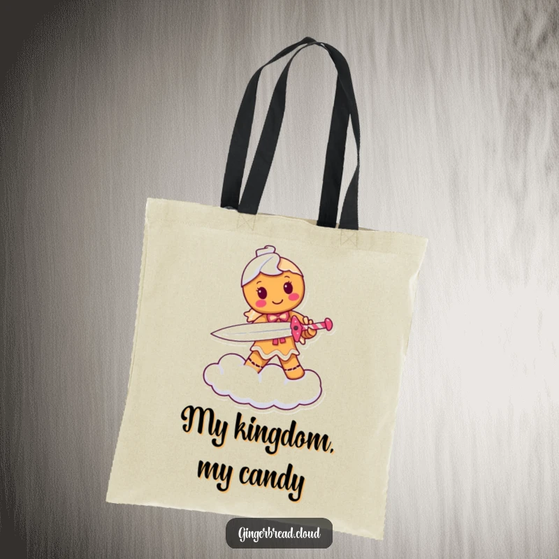 Funny tote bag showcasing a brave gingerbread person warrior with a candy cane sword, proudly standing on a cloud, ready to carry.