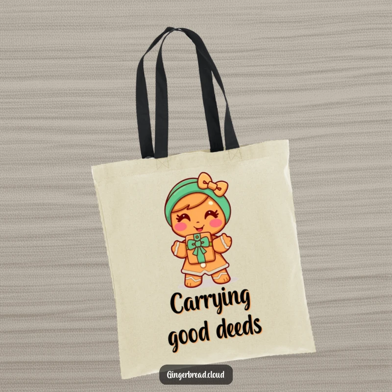 Funny gingerbread woman tote bag featuring a cheerful character offering a cookie gift, perfect for carrying kindness and goodies.