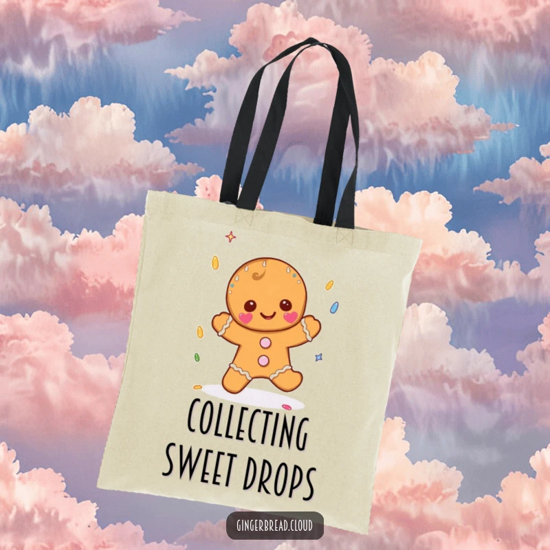 Funny tote bag illustration of a gingerbread character catching sprinkle-shaped raindrops, perfect for carrying daily essentials with a sweet touch.