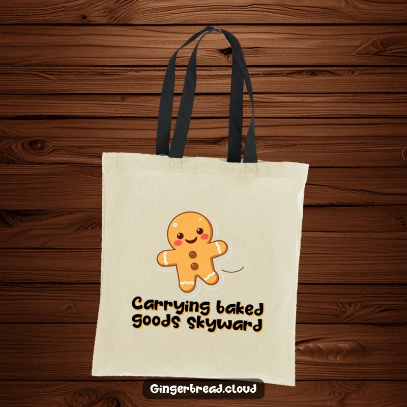 Funny tote bag depicting a happy gingerbread cookie floating upwards on a breeze, perfect for carrying essentials with a smile.