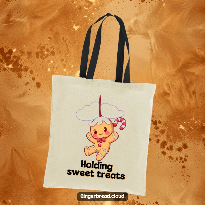 Funny gingerbread candy cane character swinging from a cloud strand on a durable tote bag, perfect for festive use.