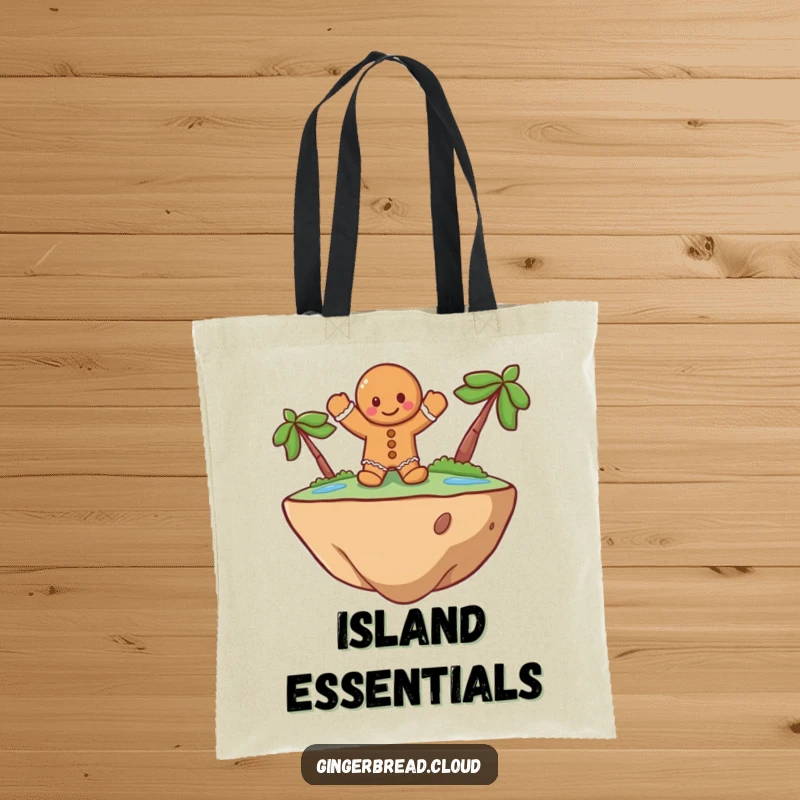 Funny Tote Bag illustrated with a cheerful gingerbread man waving from a floating island, a whimsical and humorous accessory for daily use.