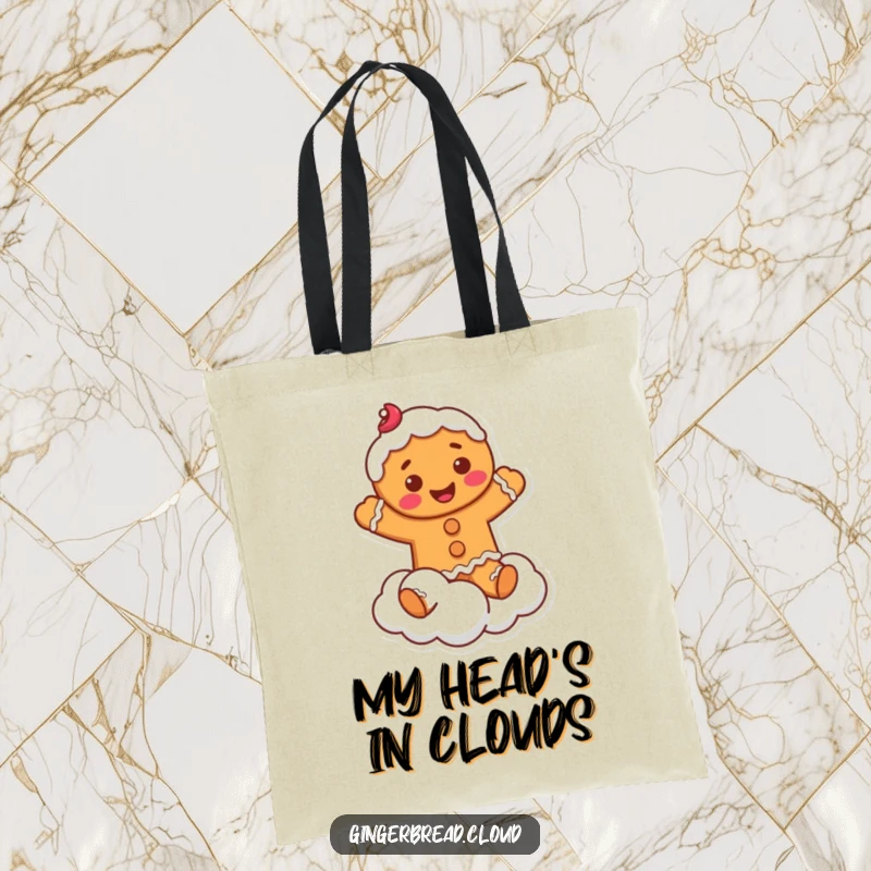 Funny Tote Bag: Sturdy bag featuring a smiling gingerbread man with frosting, playfully jumping on a fluffy cloud.