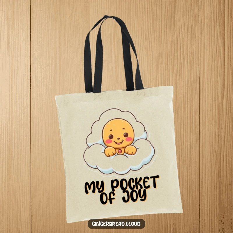 Funny tote bag with a gingerbread cookie peeking from a cloud, a happy grin inviting smiles.