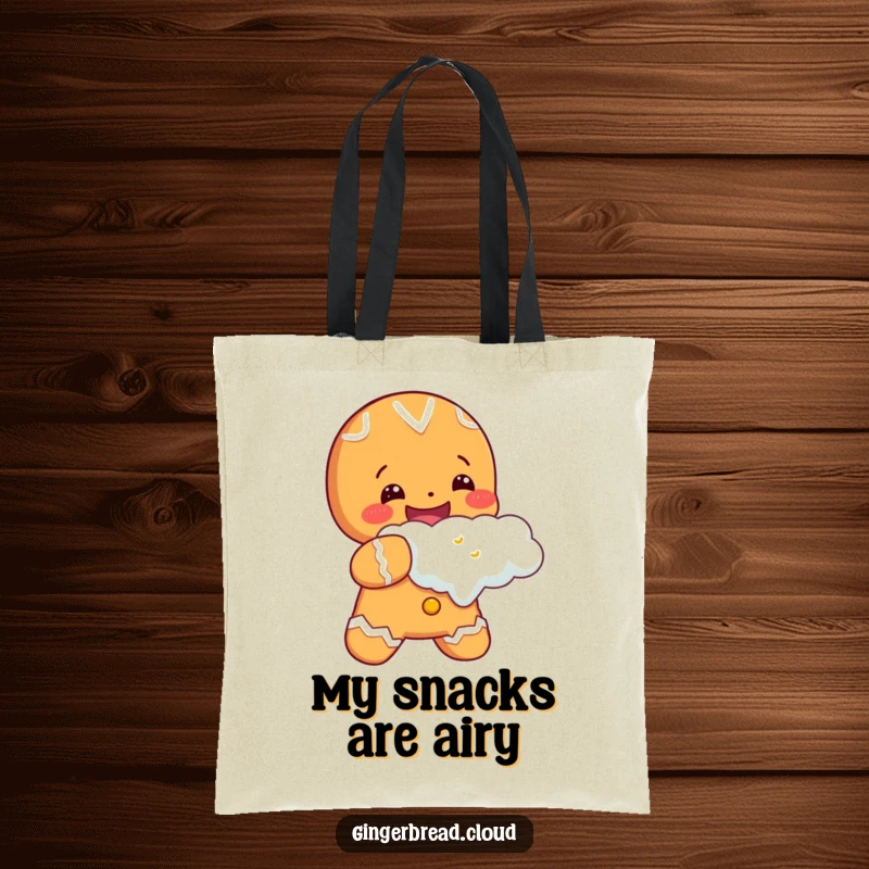 Cheerful gingerbread character taking a gigantic bite out of a cloud, showcased on a tote bag for happy and functional carrying.