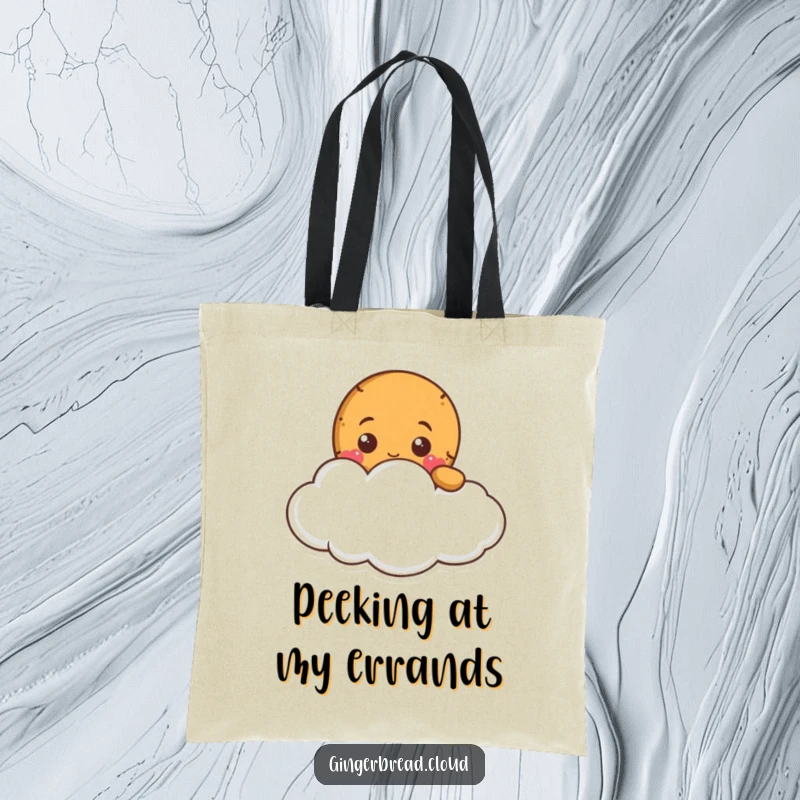 Funny gingerbread character peeking from a fluffy cloud, printed on a durable and stylish tote bag.
