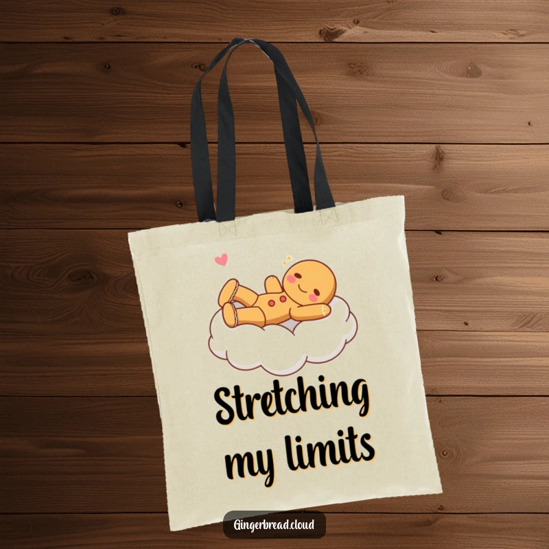Funny gingerbread character stretching on a fluffy cloud bed, printed on a durable tote bag.