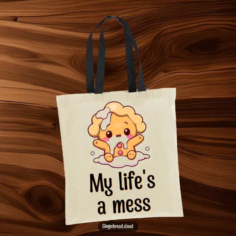 Funny tote bag: A surprised gingerbread cloud character spills icing, a humorous and practical accessory.