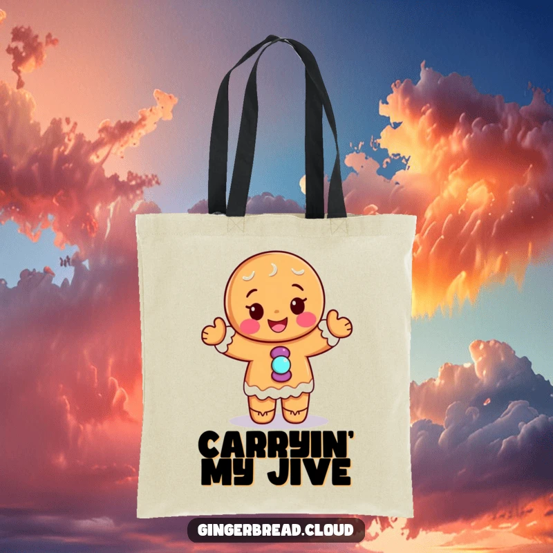 Funny tote bag: A gingerbread character with candy buttons dances happily, a fun and practical accessory.